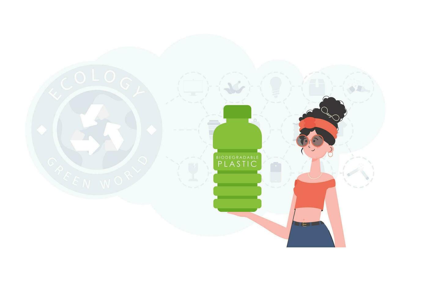 concept van groen wereld en ecologie. een vrouw houdt een fles gemaakt van biologisch afbreekbaar plastic in haar handen. mode neiging illustratie in vector. vector