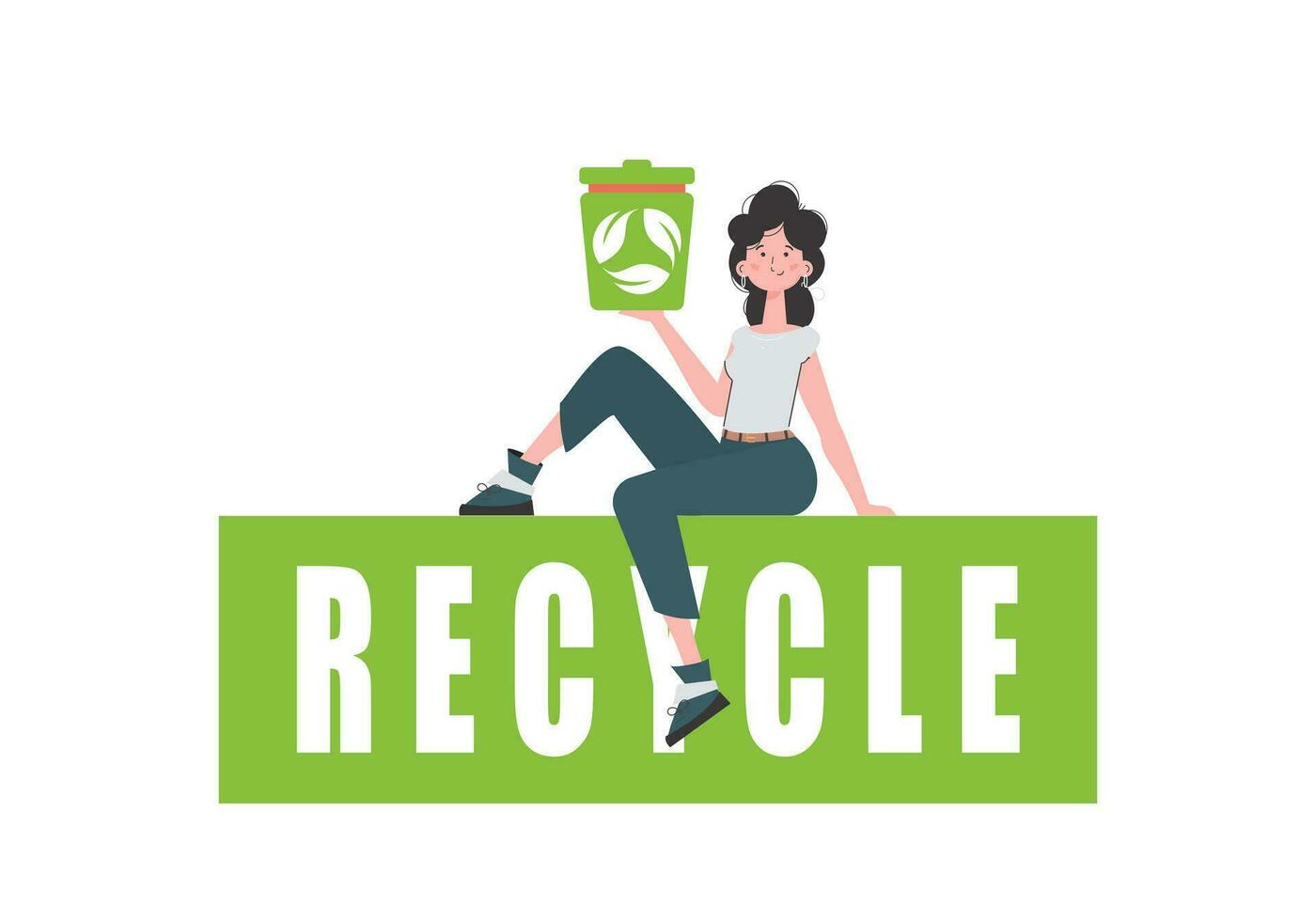 de meisje zit en houdt een uitschot kan in haar hand. de concept van recycling en nul afval. geïsoleerd. vector illustratie.