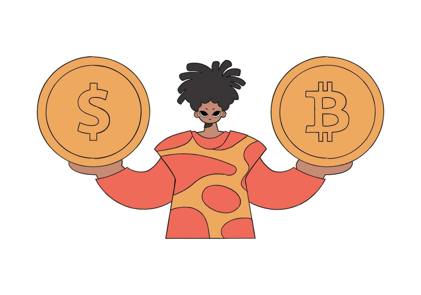 een Mens houdt een dollar en een bitcoin in zijn handen. karakter modieus stijl. vector