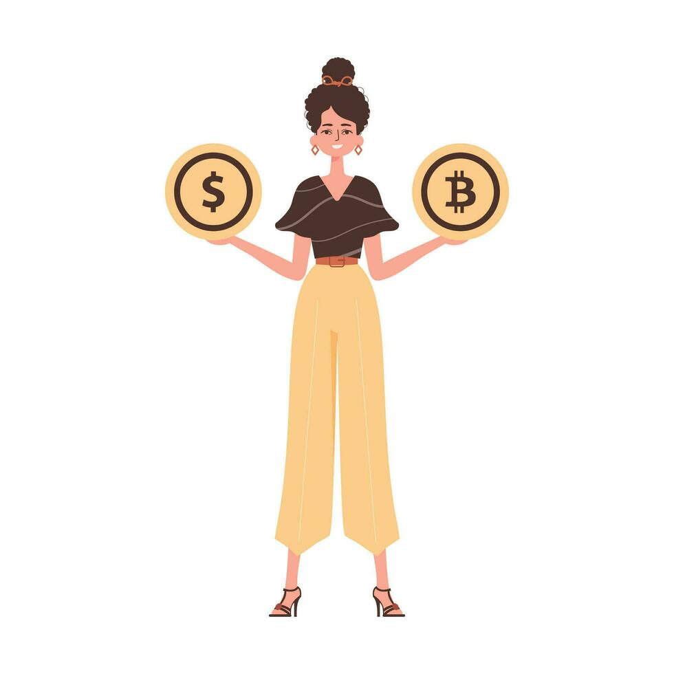 de meisje houdt een munt van bitcoin en dollar in haar handen. karakter met een modern stijl. vector