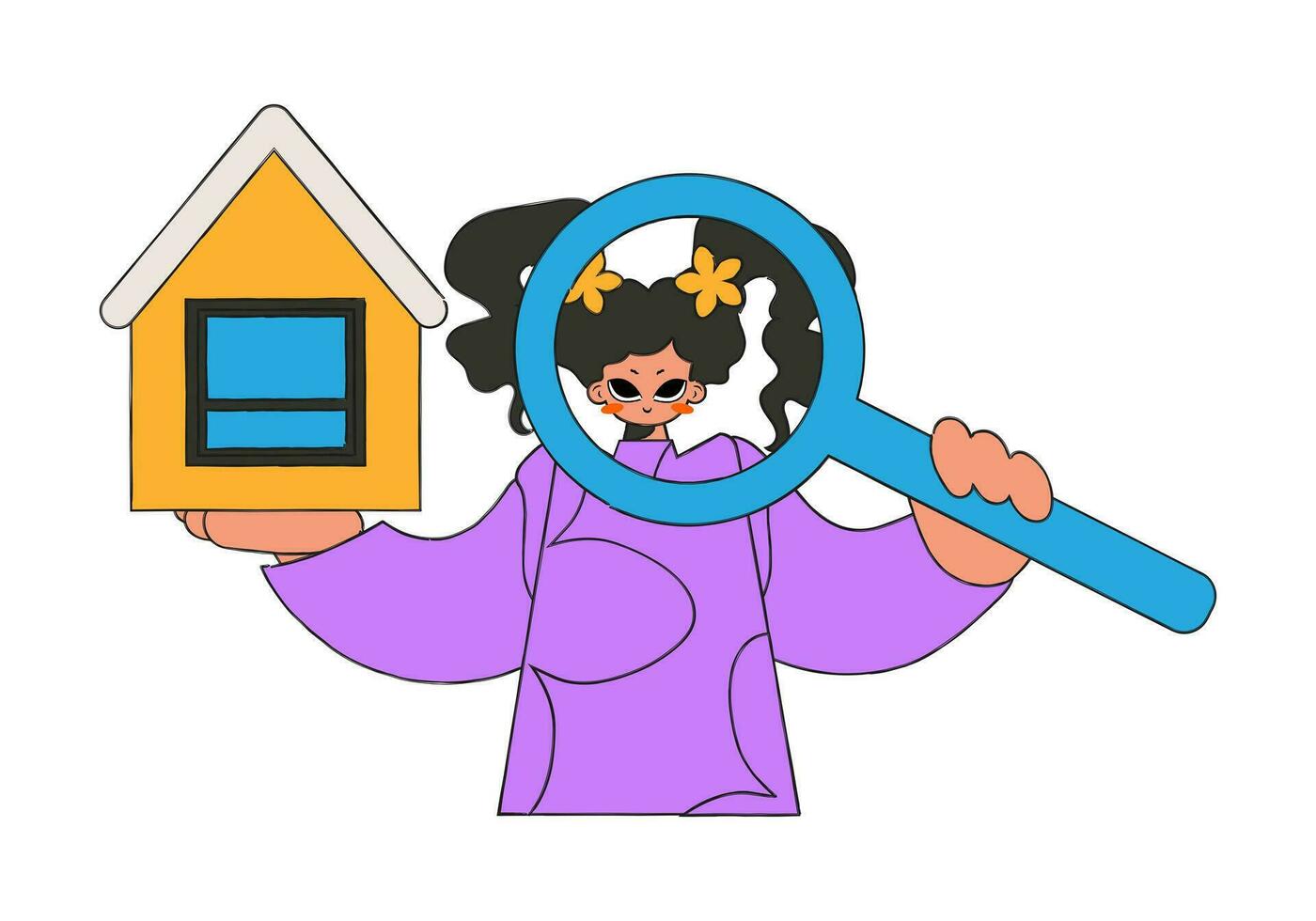 echt landgoed makelaar vrouw Holding een huis en een vergroten glas. echt landgoed huis eigendom. vector