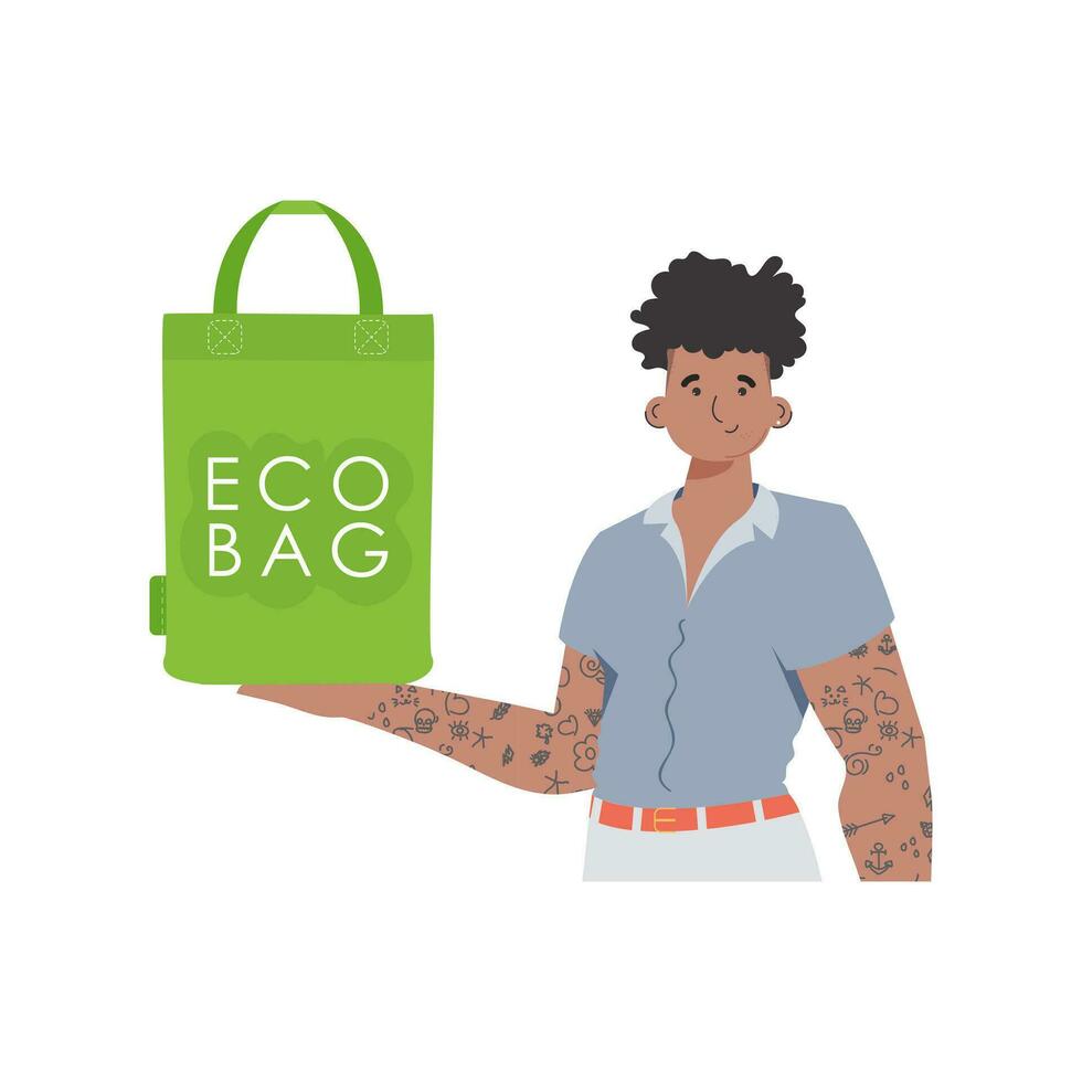een Mens houdt een eco zak in zijn handen. concept van groen wereld en ecologie. geïsoleerd. neiging stijl.vector illustratie. vector