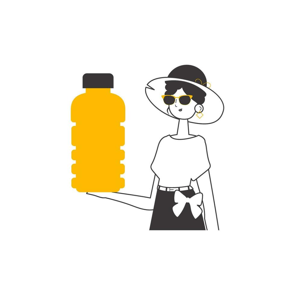 de vrouw is Holding een fles in haar hand. lineair modieus stijl. geïsoleerd Aan wit achtergrond. vector illustratie.