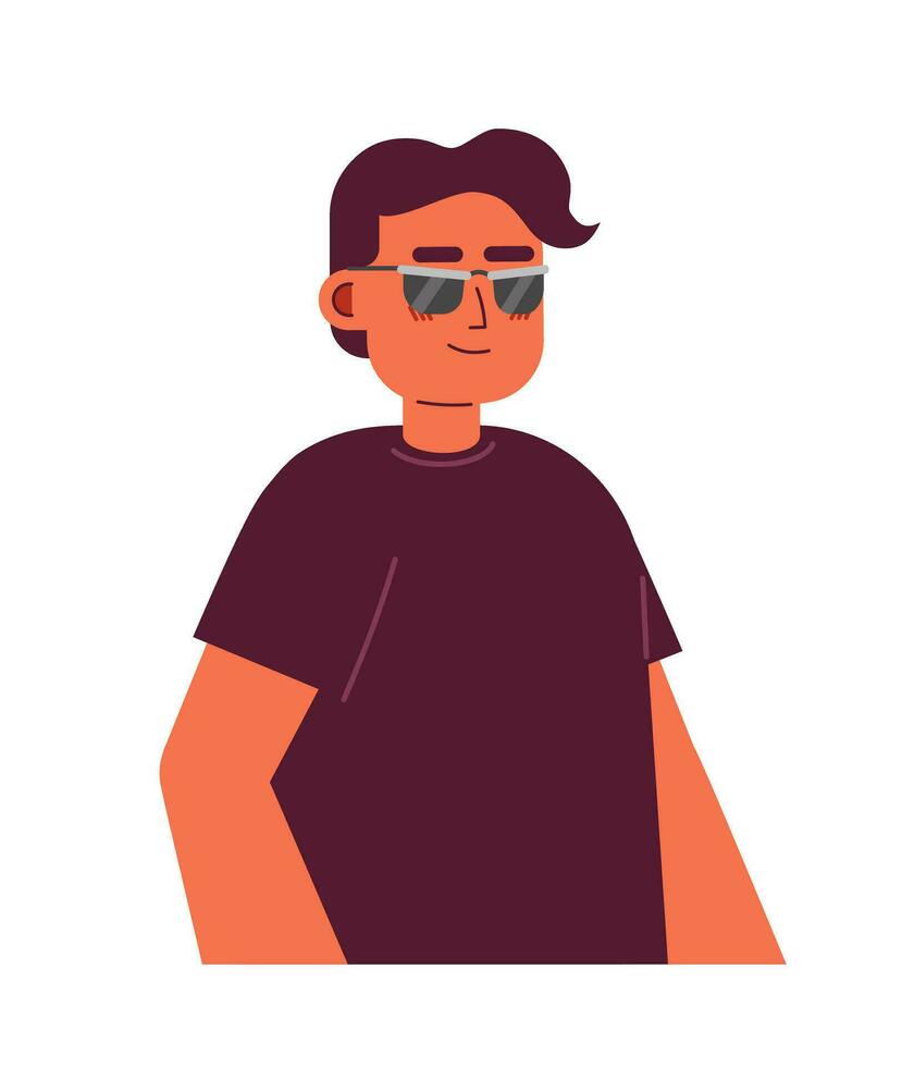 Blind Mens zonnebril 2d tekenfilm karakter. spaans Blind mannetje vervelend zwart t-shirt geïsoleerd vector persoon wit achtergrond. koel Indisch vent met visie bijzondere waardevermindering kleur vlak plek illustratie