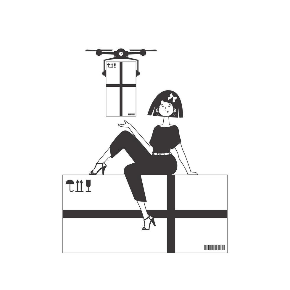 de meisje levert de pakket door drone. dar levering concept. lineair modern stijl. geïsoleerd Aan wit achtergrond. vector illustratie.