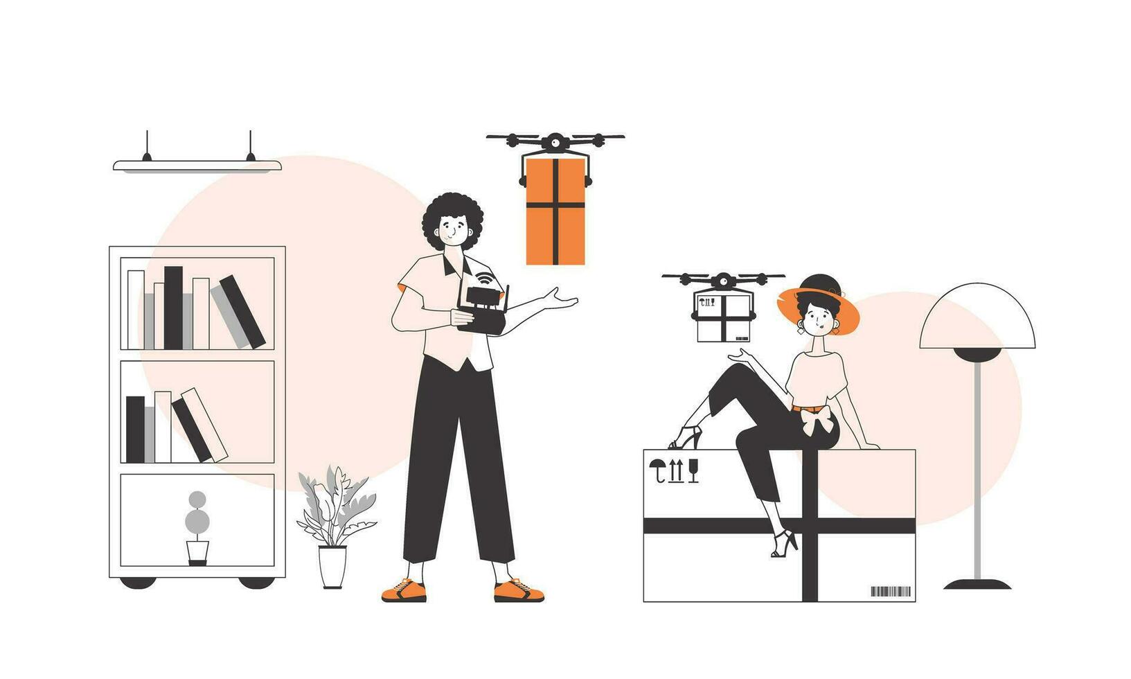 een Mens en een vrouw team stuurt een pakket door drone. lucht levering concept. minimalistisch lineair stijl. vector