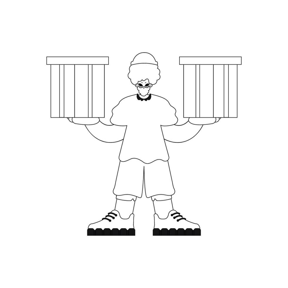 hij grepen een doos, klaar naar leveren. lading door hand, gemakkelijk lijnen, vector kunst.