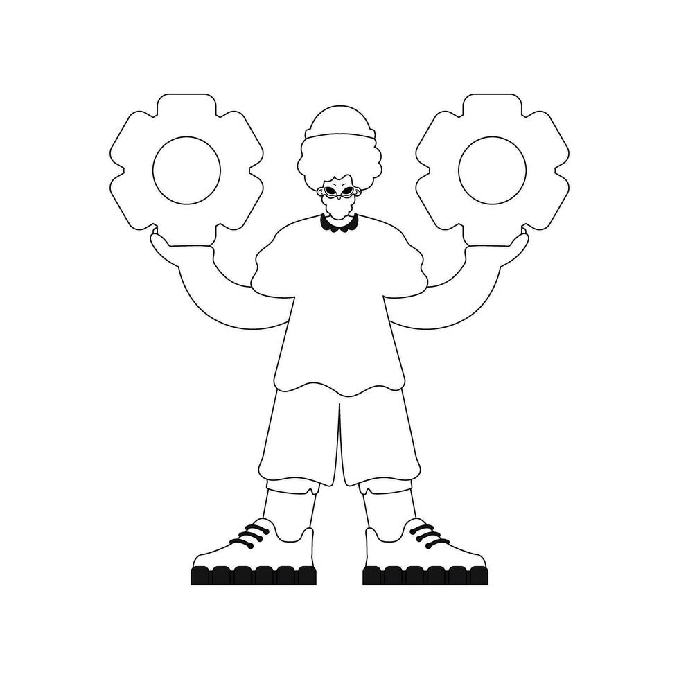 Mens houdt versnellingen in handen. lineair vector illustratie.