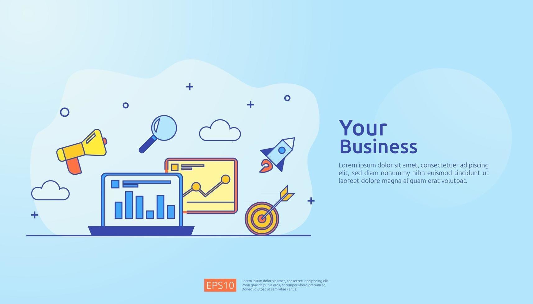 digitale marketing strategie concept vectorillustratie. zakelijke groei grafiek en grafiek verhogen tot succes. return on investment roi of verhoging van de winst. financiën rekken opstaan voor banner vector