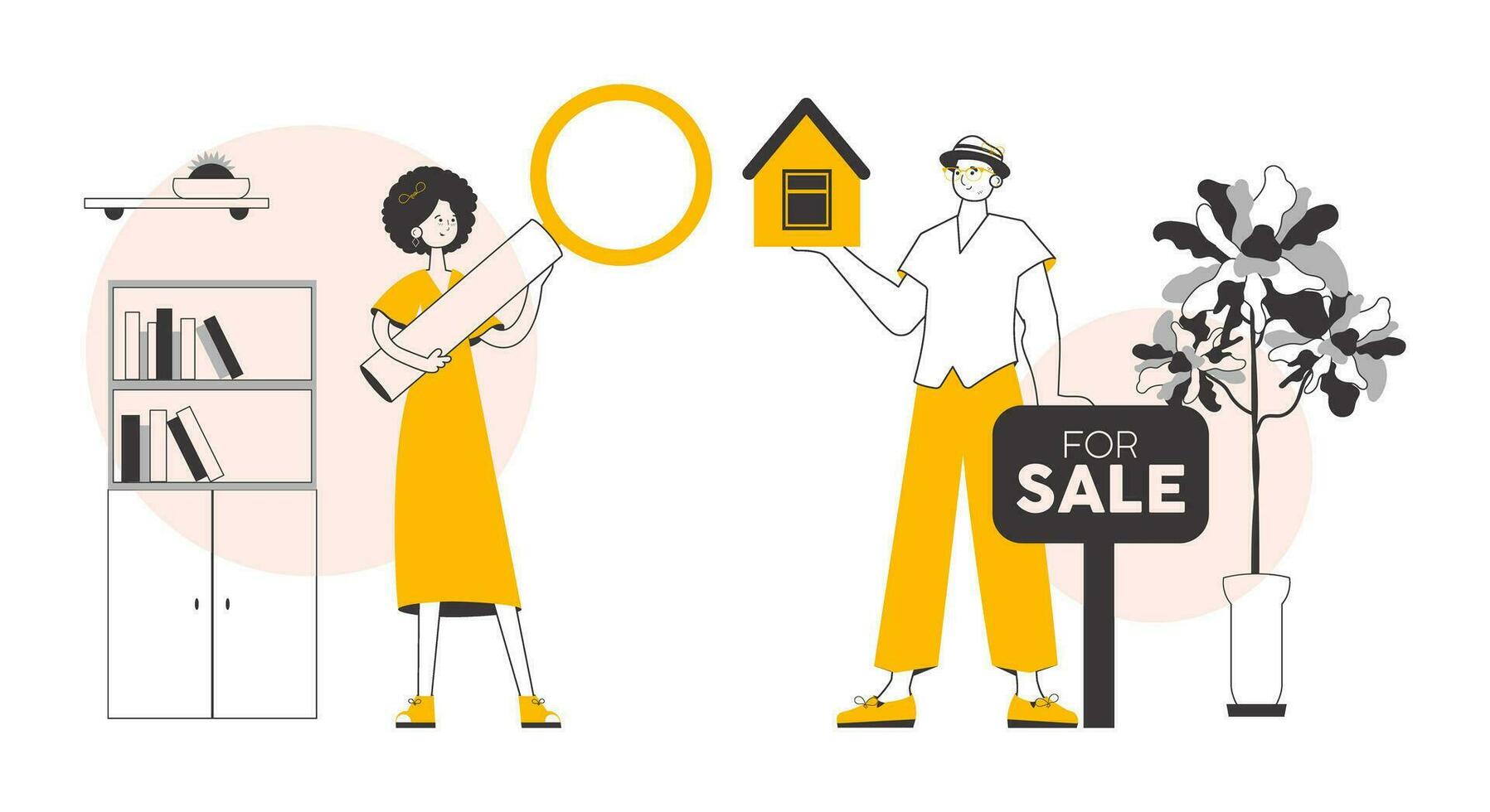 makelaar team. de concept van zoeken, buying en verkoop echt landgoed. lineair modieus stijl. vector illustratie.