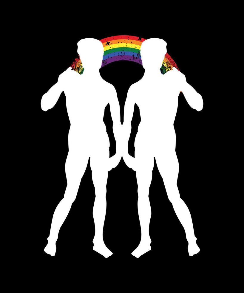t-shirt ontwerp van twee mannetje silhouetten toegetreden door een regenboog. standbeeld van david van Florence, Italië gemaakt door michelangelo. vector illustratie voor homo trots dag.