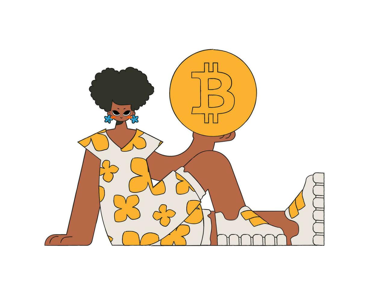 de meisje is Holding bitcoin in haar handen. karakter modieus retro stijl. vector