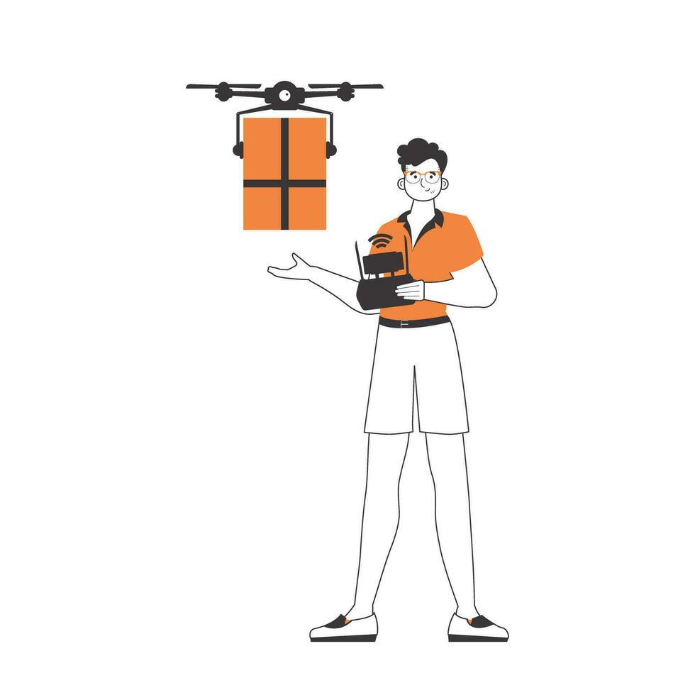 een Mens levert een pakket door drone. lucht levering concept. lineair stijl. geïsoleerd Aan wit achtergrond. vector illustratie.