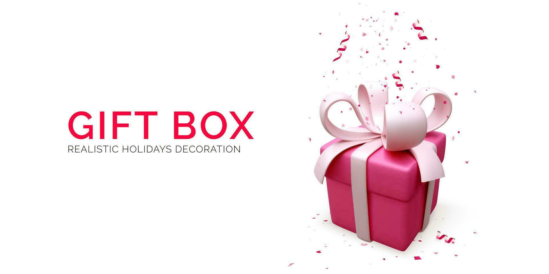 Kerstmis vakantie uitverkoop banier met geschenk doos met rood lint en boog en vallend confetti. Cadeau dozen met nieuw jaar decoratie. vector illustratie