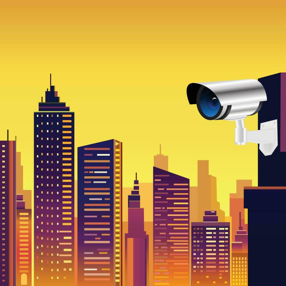 cctv camera's realistisch voorzien veiligheid met beeld van muur camera met nacht stad lichten achtergrond. vector illustratie eps 10.