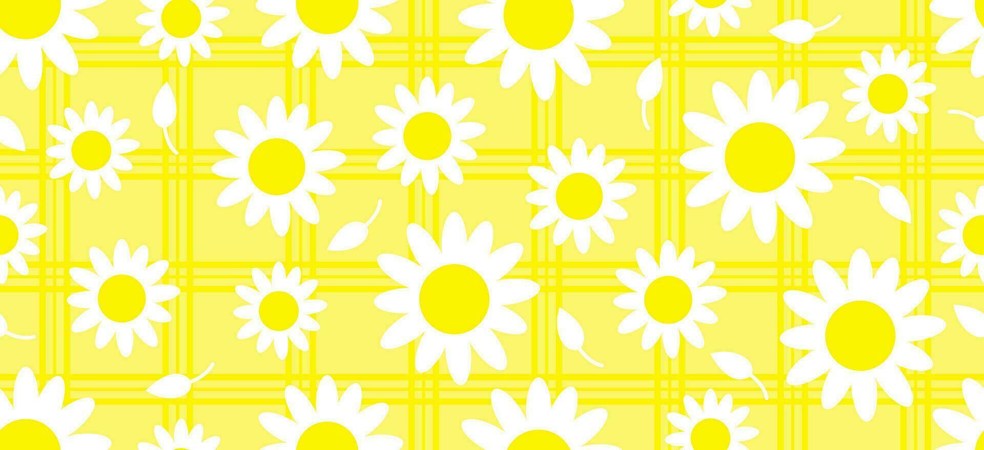 madeliefje bloem patroon. mooi wit bloem achtergrond. bloemen bloesem madeliefje. voorjaar wit bloem ontwerp vector. madeliefjes Aan een geel achtergrond. vector ontwerp voor kleding stof, inpakken papier, afdrukken kaart.