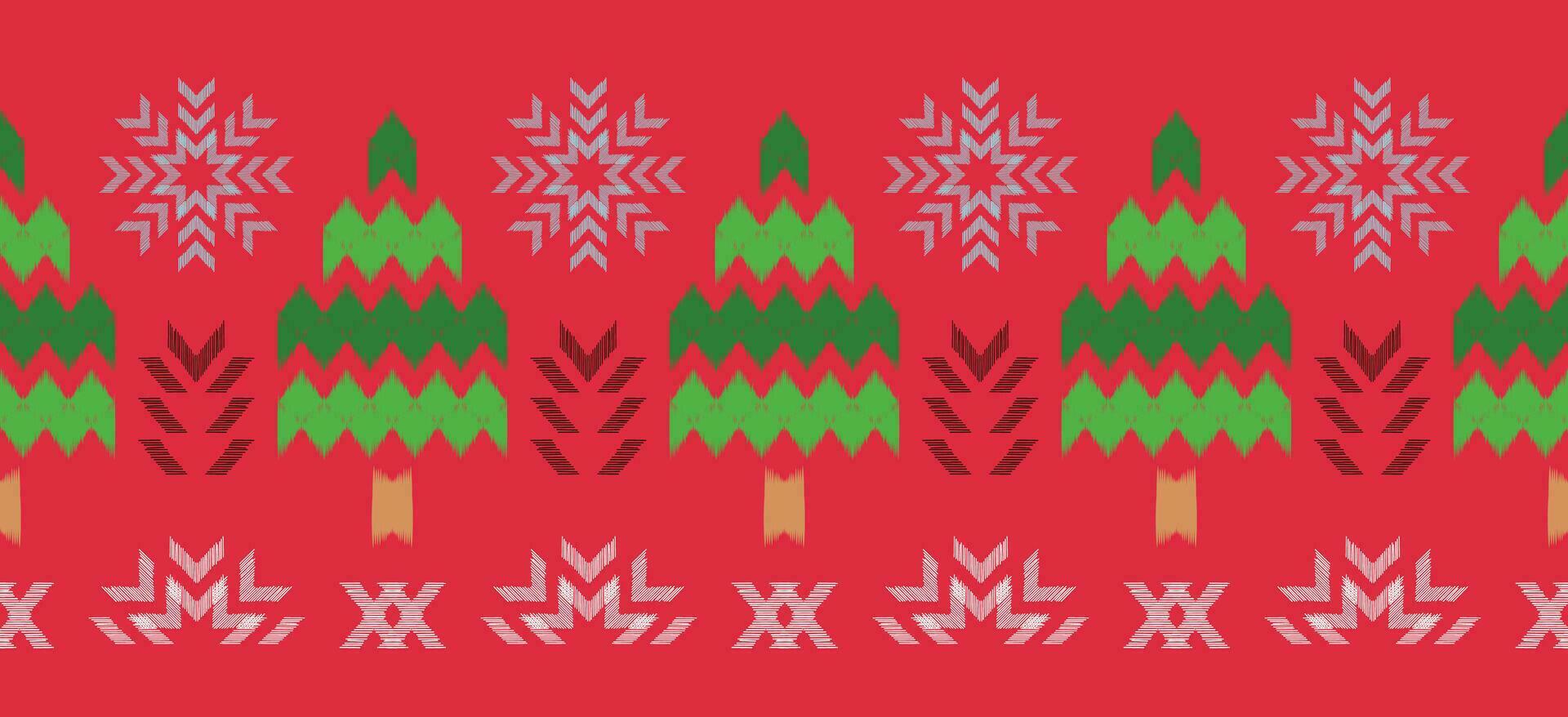 motief Kerstmis etnisch handgemaakt mooi ikat kunst. Kerstmis achtergrond. volk borduurwerk Kerstmis patroon, meetkundig kunst ornament afdrukken. rood, groente, wit kleuren. sneeuwvlok, ster, kerstster ontwerp. vector