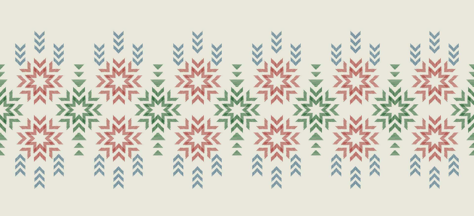 motief Kerstmis etnisch handgemaakt mooi ikat kunst. Kerstmis achtergrond. volk borduurwerk Kerstmis patroon, meetkundig kunst ornament afdrukken. rood, groente, wit kleuren. sneeuwvlok, ster, kerstster ontwerp. vector