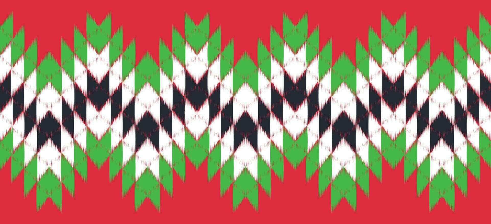 motief Kerstmis etnisch handgemaakt mooi ikat kunst. Kerstmis achtergrond. volk borduurwerk Kerstmis patroon, meetkundig kunst ornament afdrukken. rood, groente, wit kleuren. sneeuwvlok, ster, kerstster ontwerp. vector