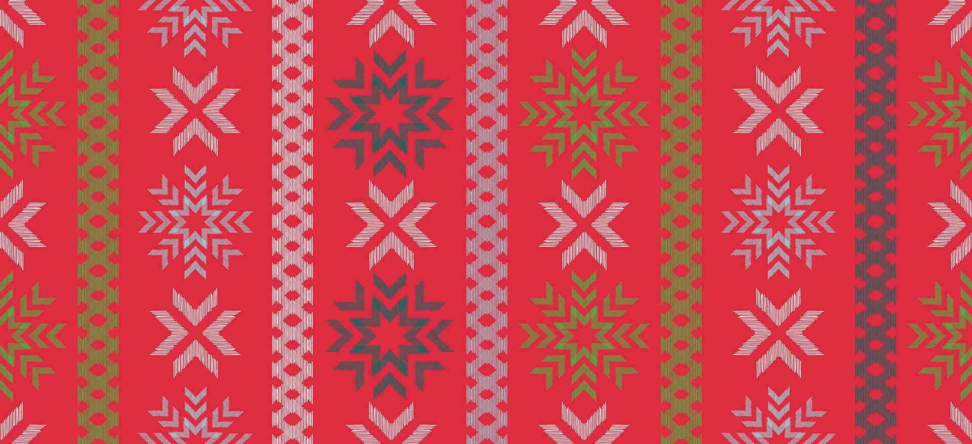 motief Kerstmis etnisch handgemaakt mooi ikat kunst. Kerstmis achtergrond. volk borduurwerk Kerstmis patroon, meetkundig kunst ornament afdrukken. rood, groente, wit kleuren. sneeuwvlok, ster, kerstster ontwerp. vector