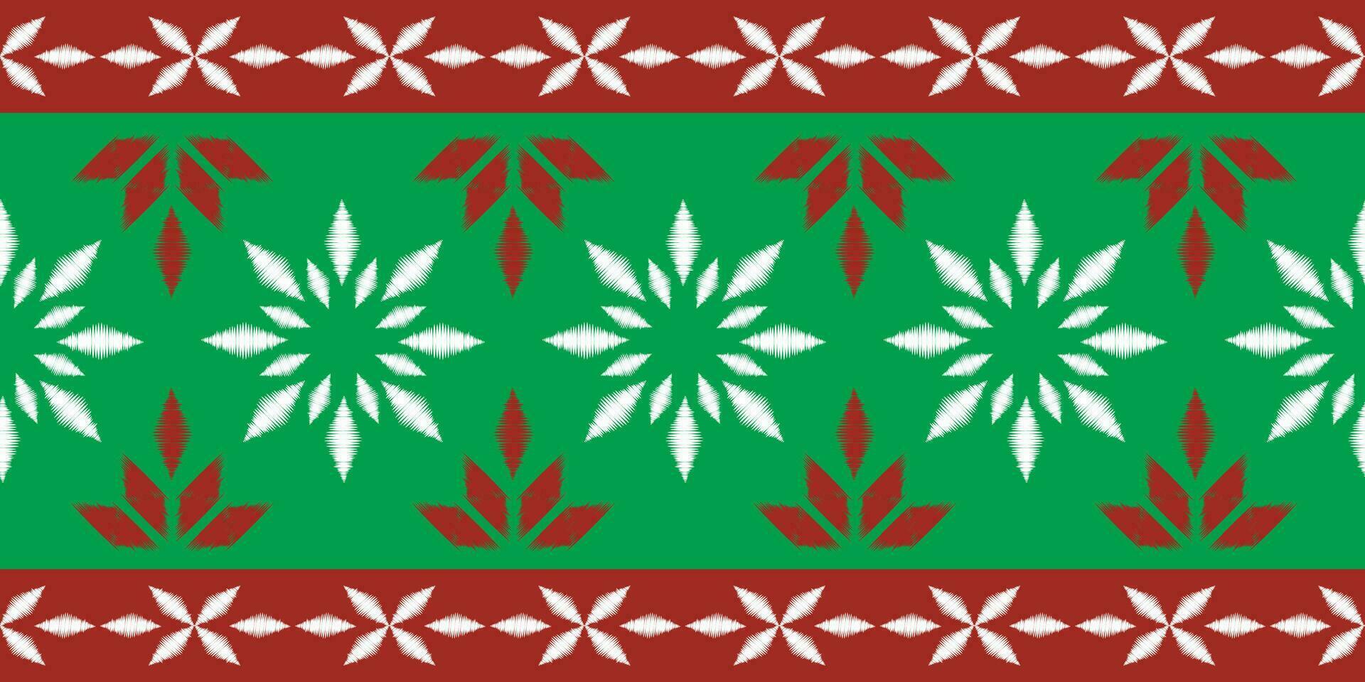 motief Kerstmis etnisch handgemaakt mooi ikat kunst. Kerstmis achtergrond. volk borduurwerk Kerstmis patroon, meetkundig kunst ornament afdrukken. rood, groente, wit kleuren. sneeuwvlok, ster, kerstster ontwerp. vector