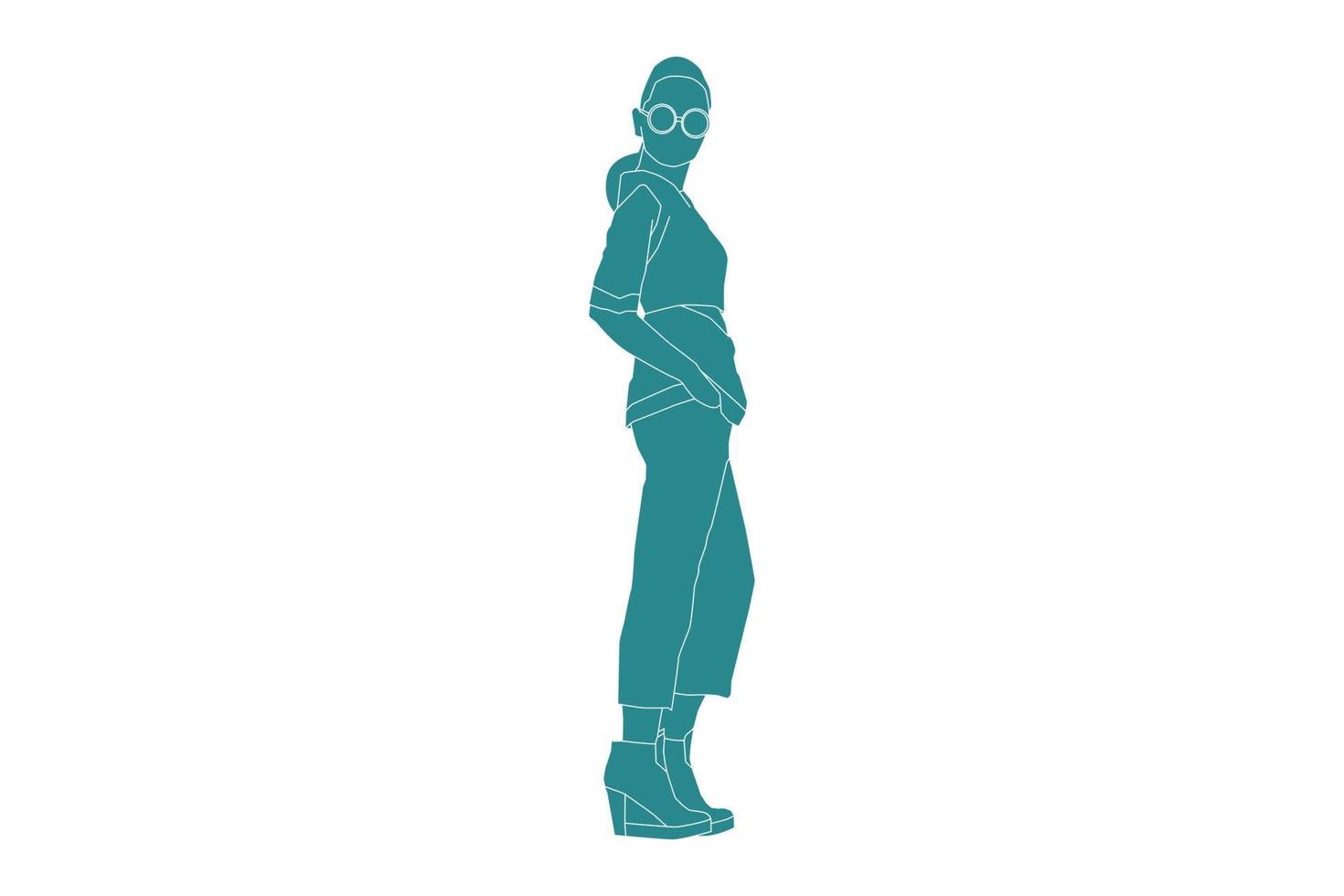 vectorillustratie van modieuze vrouw poseren, vlakke stijl met outline vector