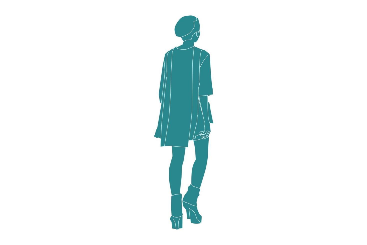 vectorillustratie van modieuze vrouw lopen ziet er van achteren uit, vlakke stijl met omtrek vector
