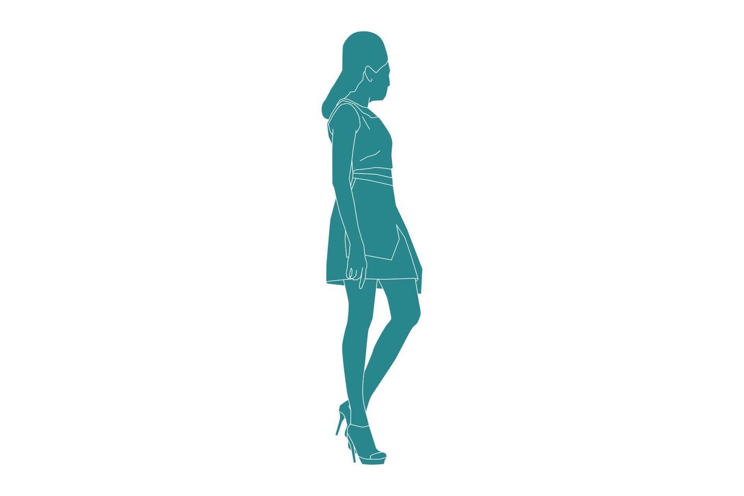 vectorillustratie van elegante vrouw die op de zijweg loopt, vlakke stijl met omtrek vector