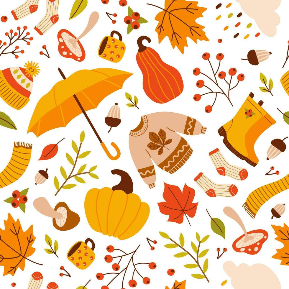 kleurrijk herfst naadloos patroon van seizoensgebonden elementen, bladeren, pompoenen, bessen, paddestoelen, eikels en ander. modieus vector tekenfilm illustratie