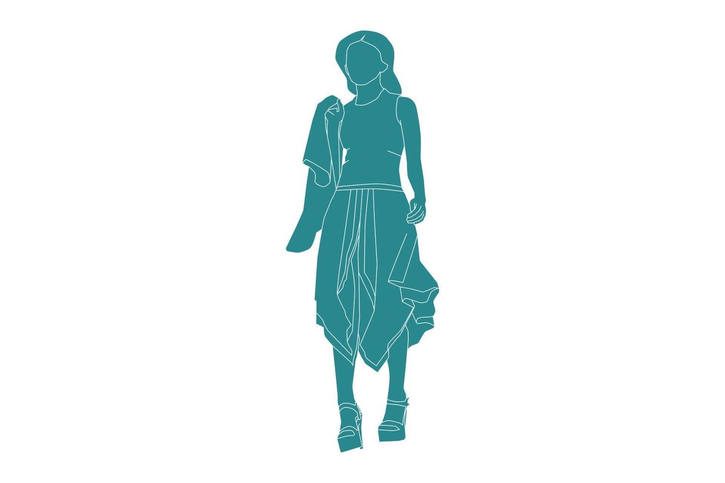 vectorillustratie van modieuze vrouw poseren, vlakke stijl met outline vector