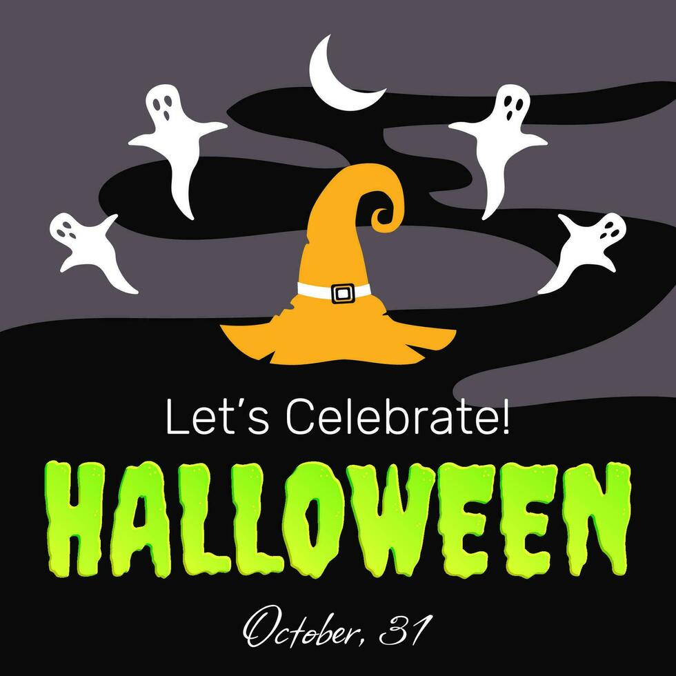 halloween vakantie viering ansichtkaart, partij aankondigen, decoratief kaart, achtergrond met aftappen groen slijm tekst en heks hoed en geesten vector illustratie.