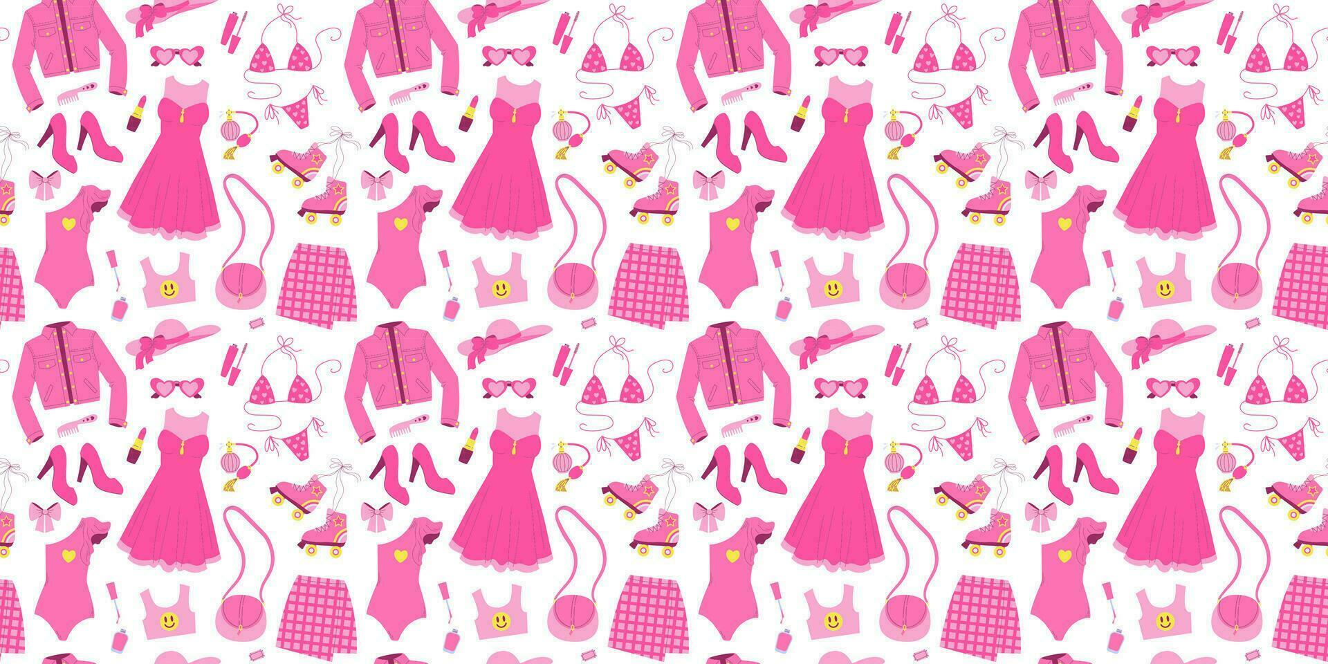 naadloos patroon met glamoureus modieus roze kleding, cosmetica, accessoires, schoenen. vlak vector illustratie Aan wit achtergrond. nostalgisch roze kern jaren 2000 stijl verzameling. valentijnsdag dag.