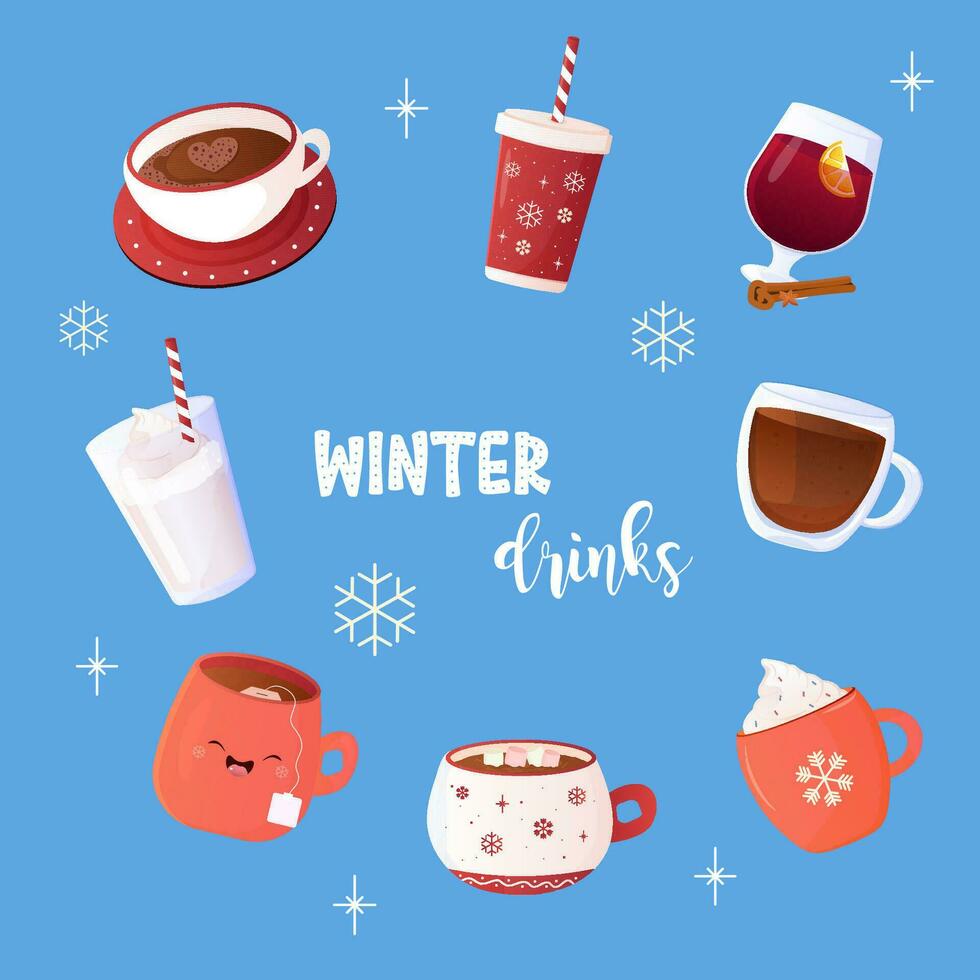 winter drankjes, thee, koffie, set, klem kunst, overwogen wijn, mursmallow en belettering vector