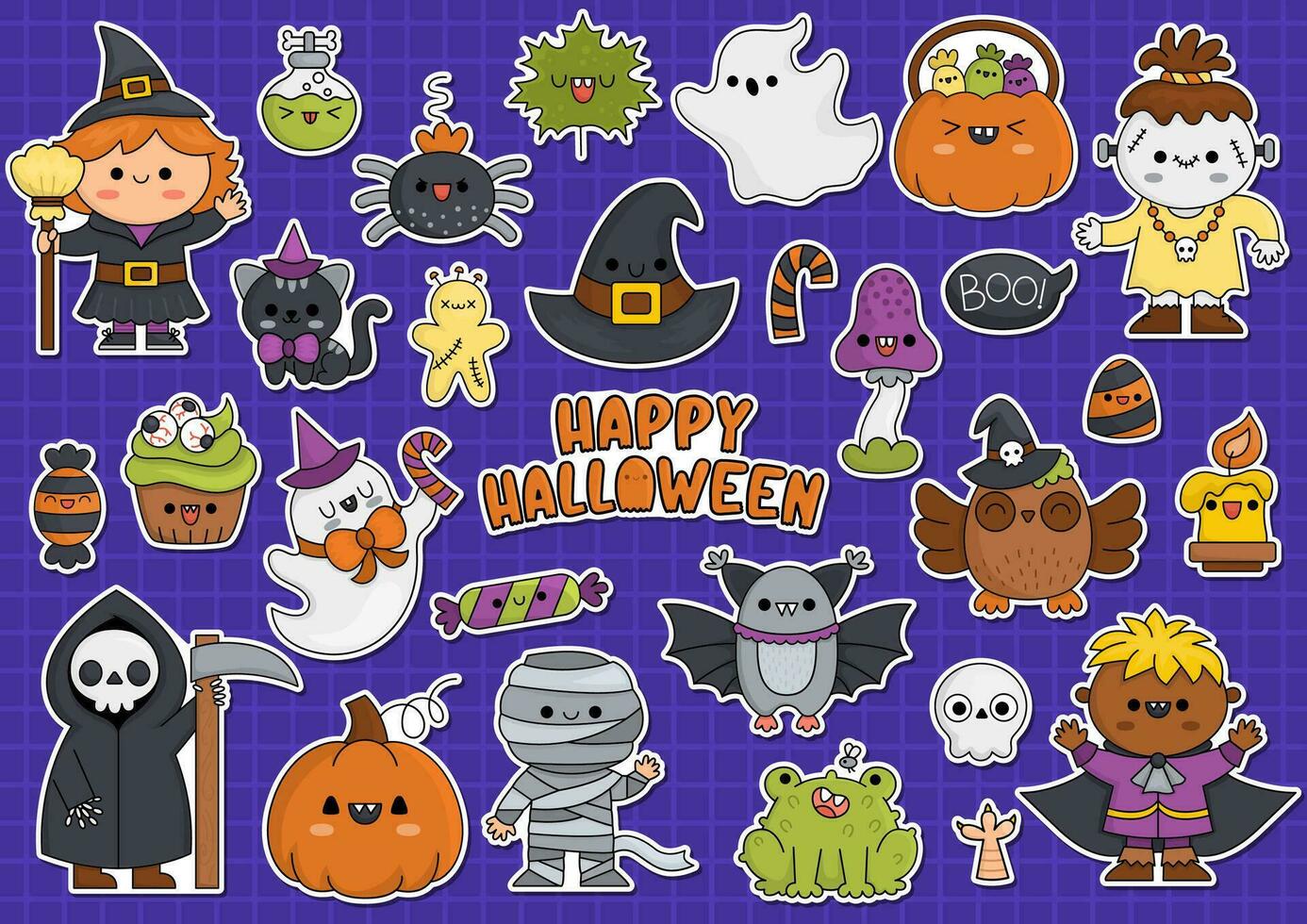 vector halloween stickers met schattig kawaii karakters. traditioneel samhain partij clip art voor kinderen. eng verzameling met pompoen lantaarn, spin, geest, schedel, knuppel. herfst vakantie tekenfilm pictogrammen reeks
