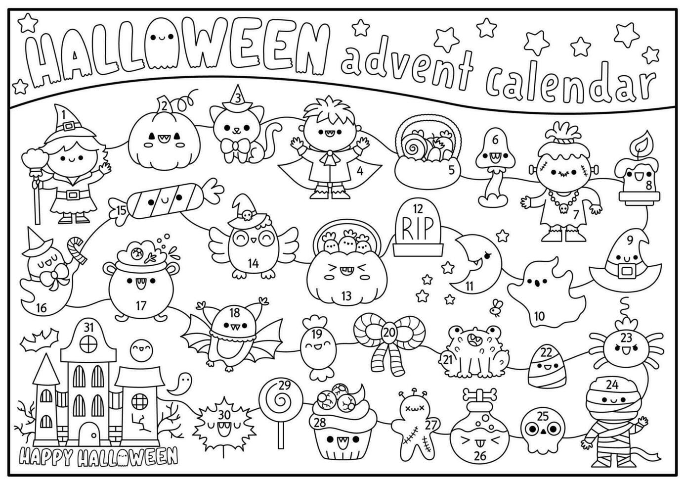 vector zwart en wit halloween komst kalender met schattig kawaii karakters. schattig herfst allemaal heiligen dag kleur ontwerper of doolhof voor kinderen. eng truc of traktatie poster ontwerp