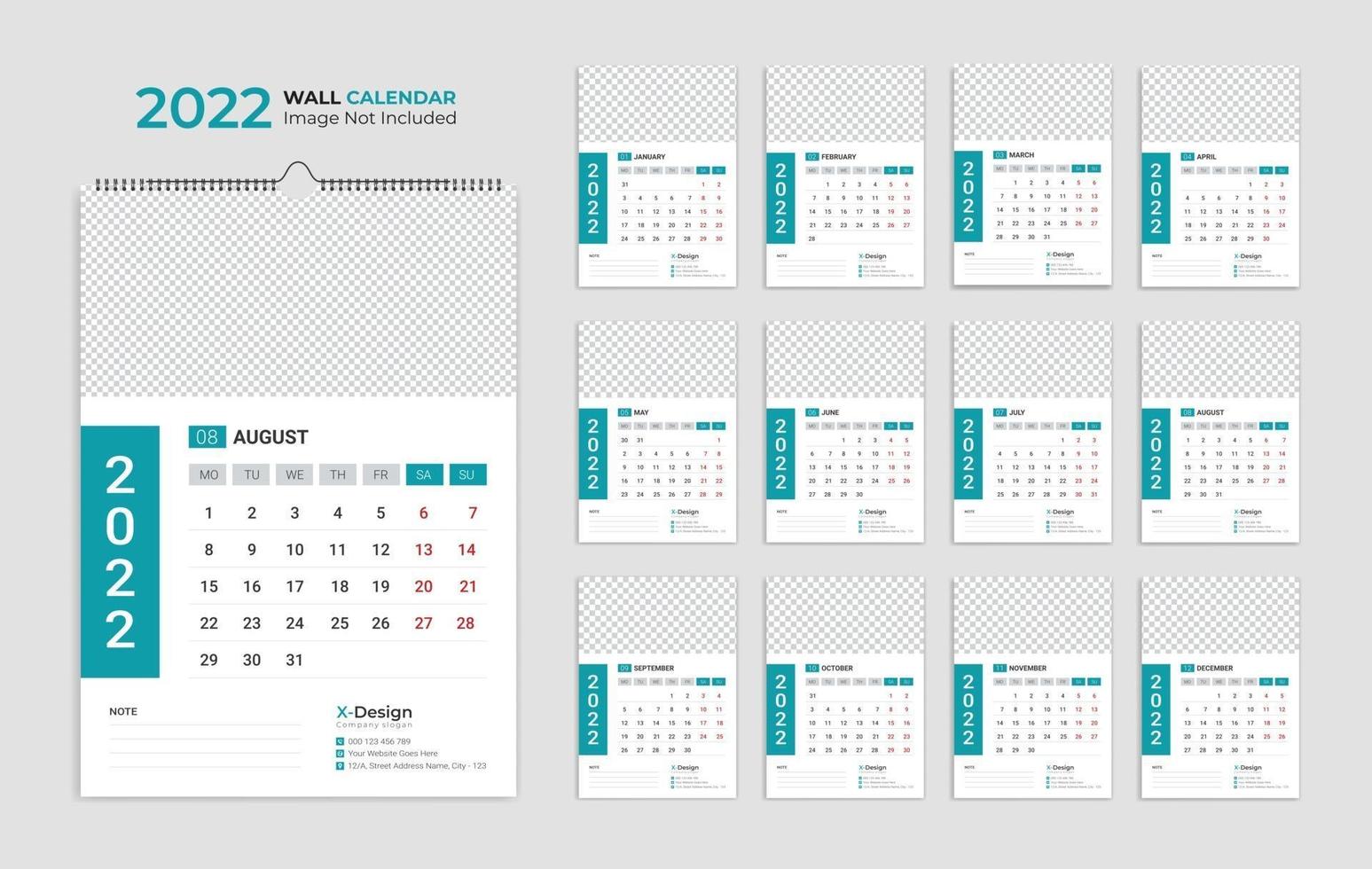 2022 wandkalendersjabloon, planning kalender jaarlijkse bedrijfsplanner, tijdschema, evenementenkalender, bureaukalender vector