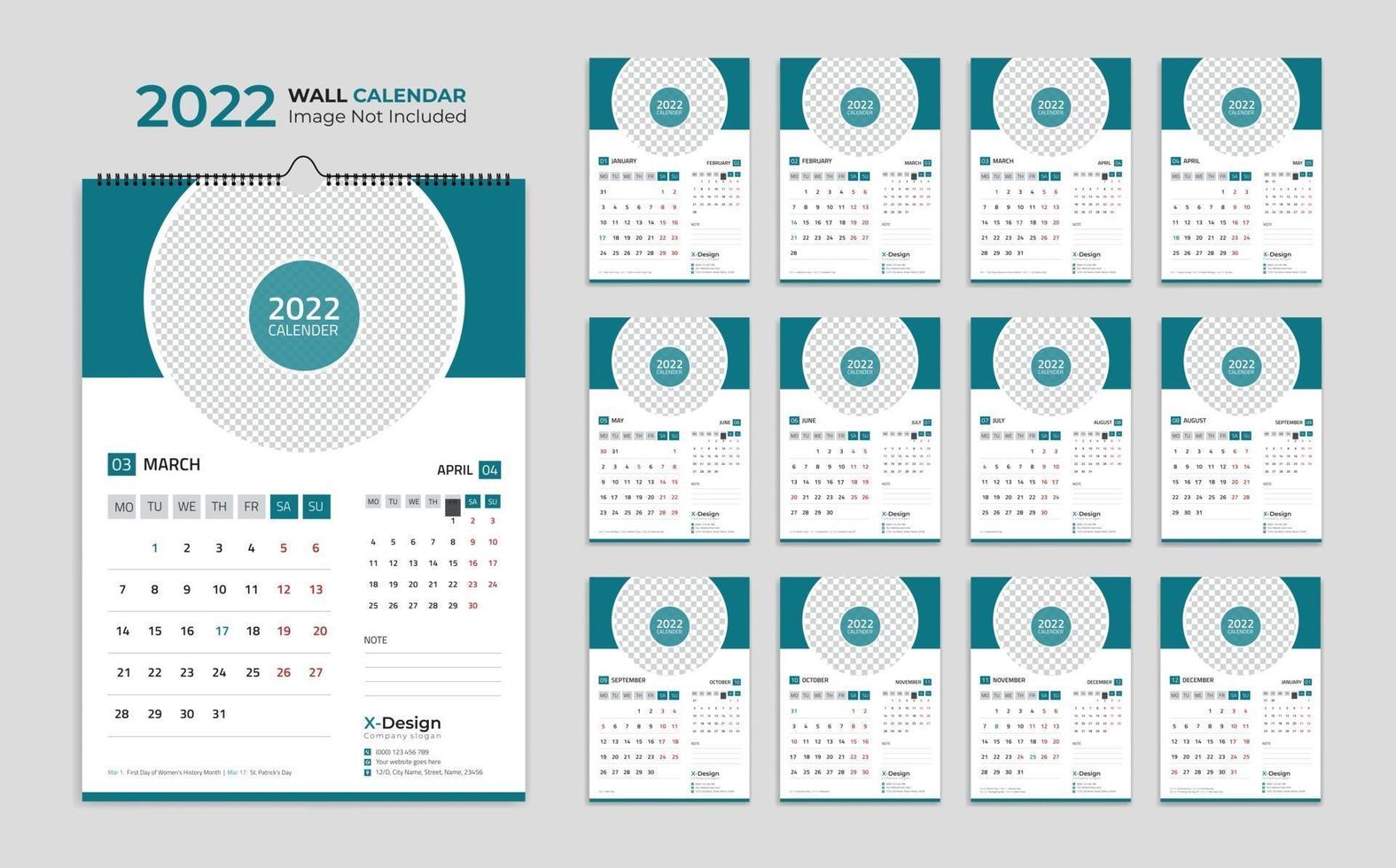 2022 wandkalendersjabloon, planning kalender jaarlijkse bedrijfsplanner, tijdschema, evenementenkalender, bureaukalender vector