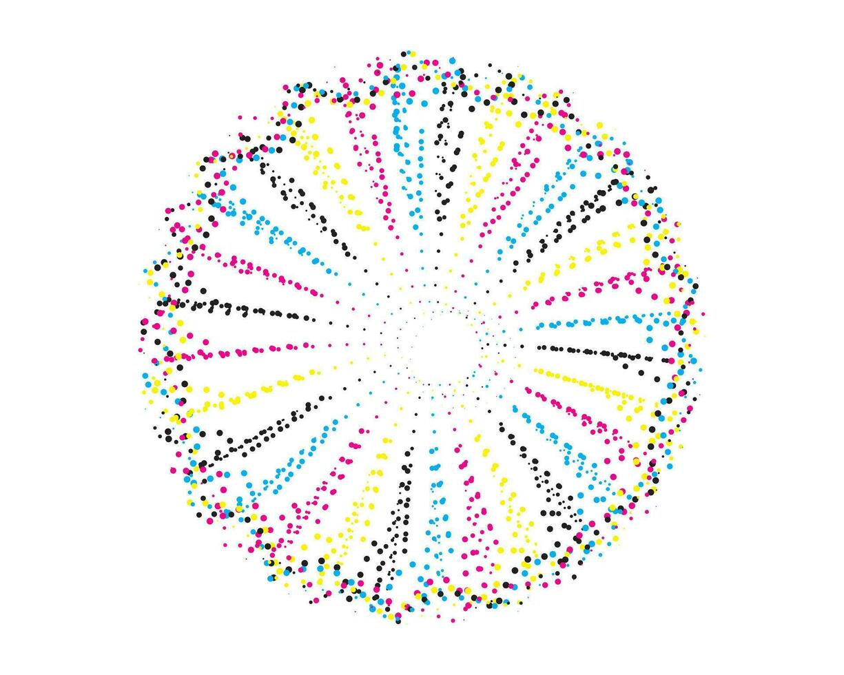 een circulaire patroon met kleurrijk dots Aan het, cmyk twee cirkels met kleurrijk dots Aan hen set, cmyk vector illustratie van een bloem met een cirkel en een stip, mandala vector