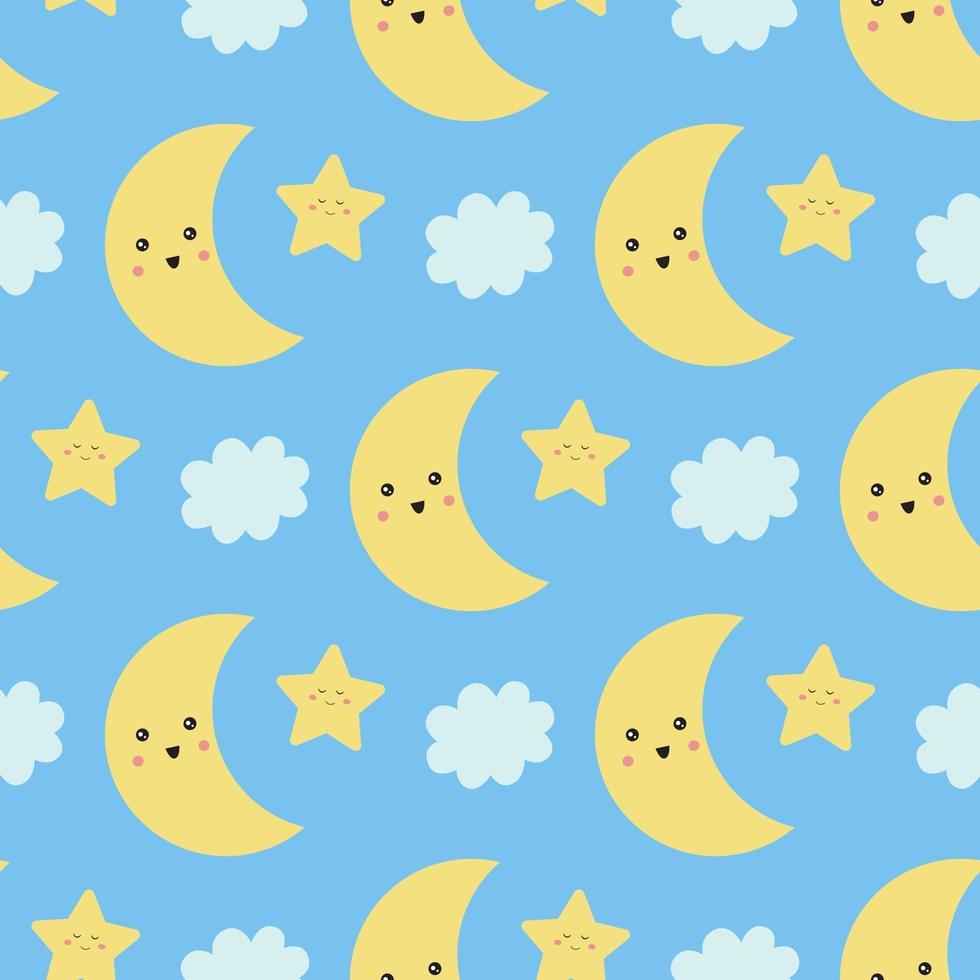 schattig naadloos patroon met maan, sterren en wolk op blauwe achtergrond vector