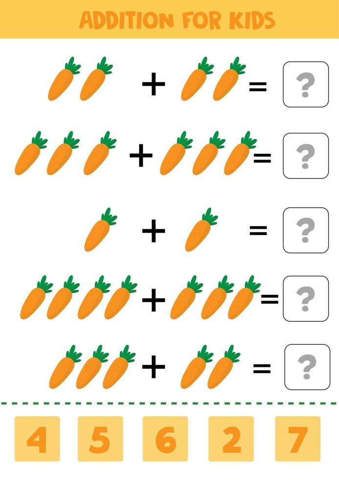 toevoeging voor kinderen met wortelen. wiskunde spel voor kleuters. vector