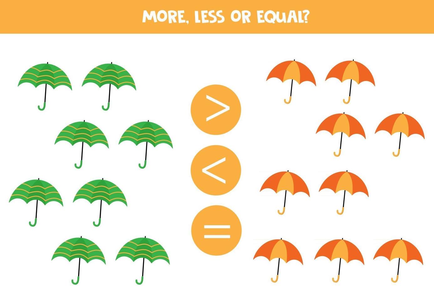 meer, minder of gelijk. wiskunde spel voor kinderen. tel kleurrijke paraplu's. vector