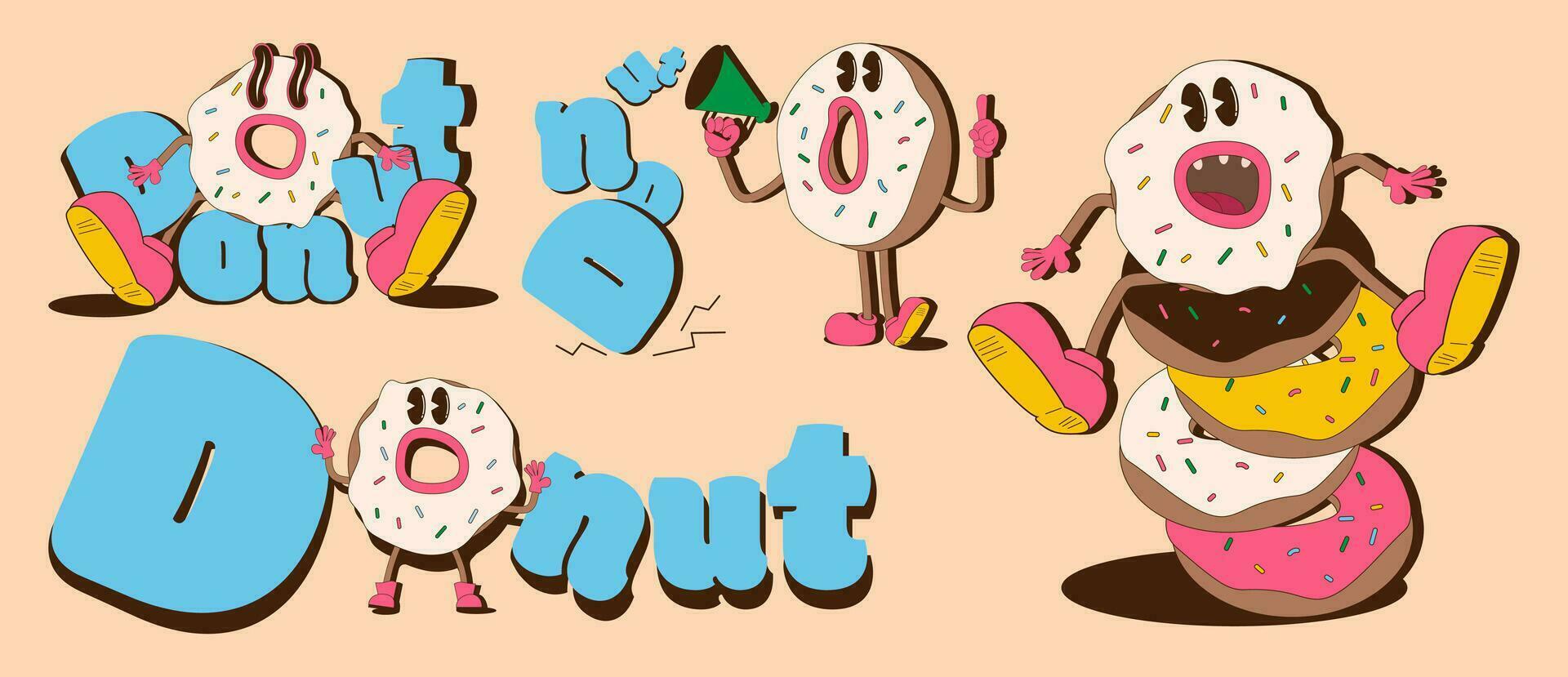 groovy stijl donut karakter set. schattig donut mascotte met tekst donut. vector, vlak illustratie in retro stijl. vector