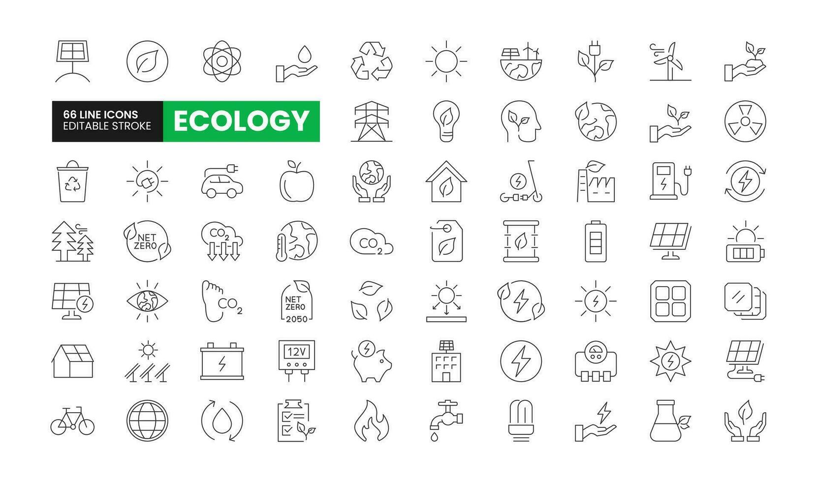 reeks van 66 ecologie lijn pictogrammen set. ecologie schets pictogrammen met bewerkbare beroerte verzameling. omvat bijvoorbeeld, recyclen, wind turbine, zonne- energie, netto nul, en meer. vector