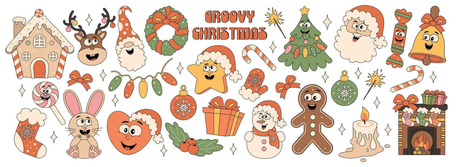 verzameling van hippie modieus retro Kerstmis stickers. Kerstmis boom, geschenken, sneeuwman, kabouter, de kerstman, ontbijtkoek, lolly. vector illustratie in 80s stijl.