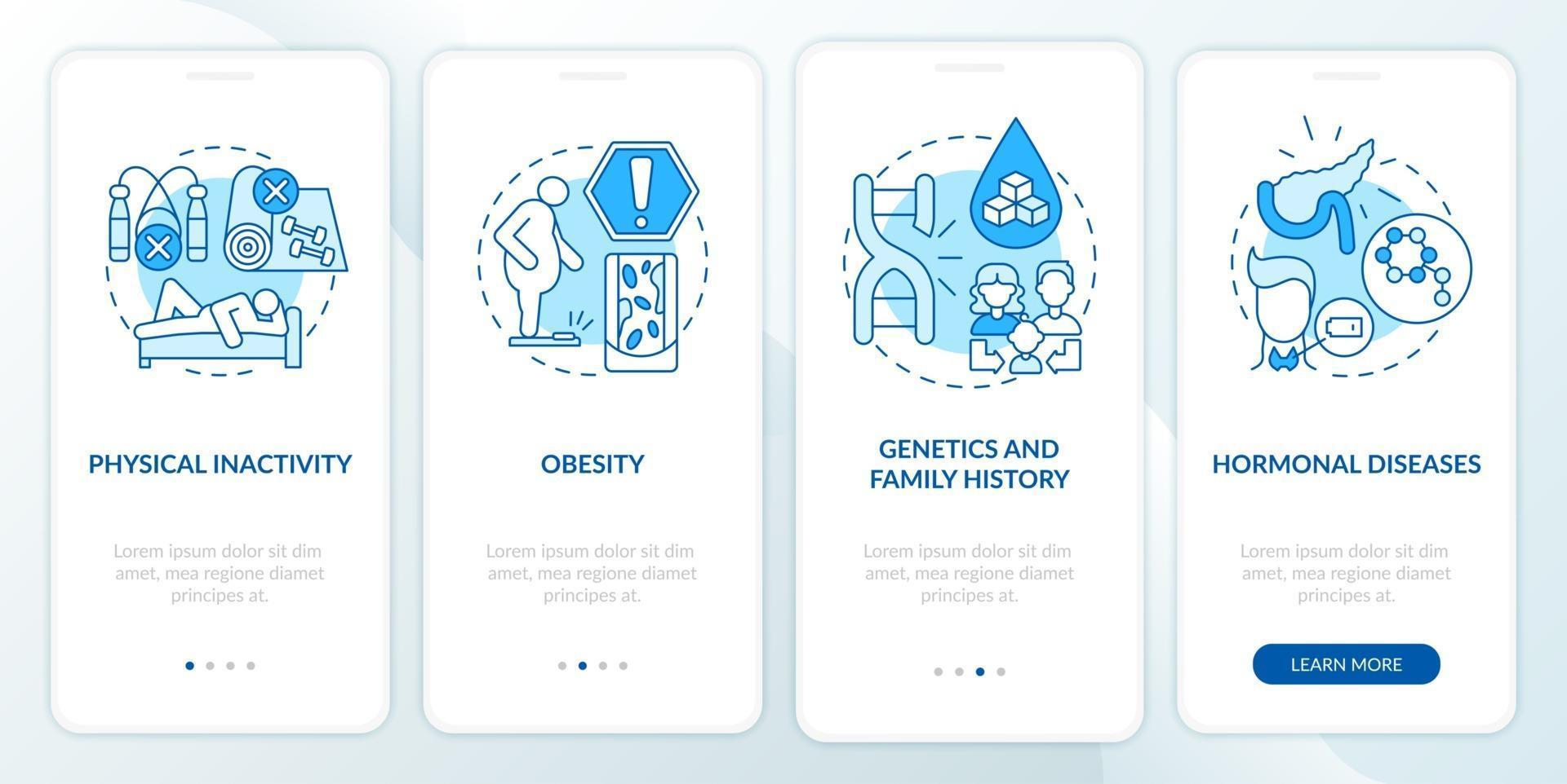 diabetes veroorzaakt het onboarding-paginascherm van de mobiele app. fysieke inactiviteit walkthrough 4 stappen grafische instructies met concepten. ui, ux, gui vectorsjabloon met lineaire kleurenillustraties vector