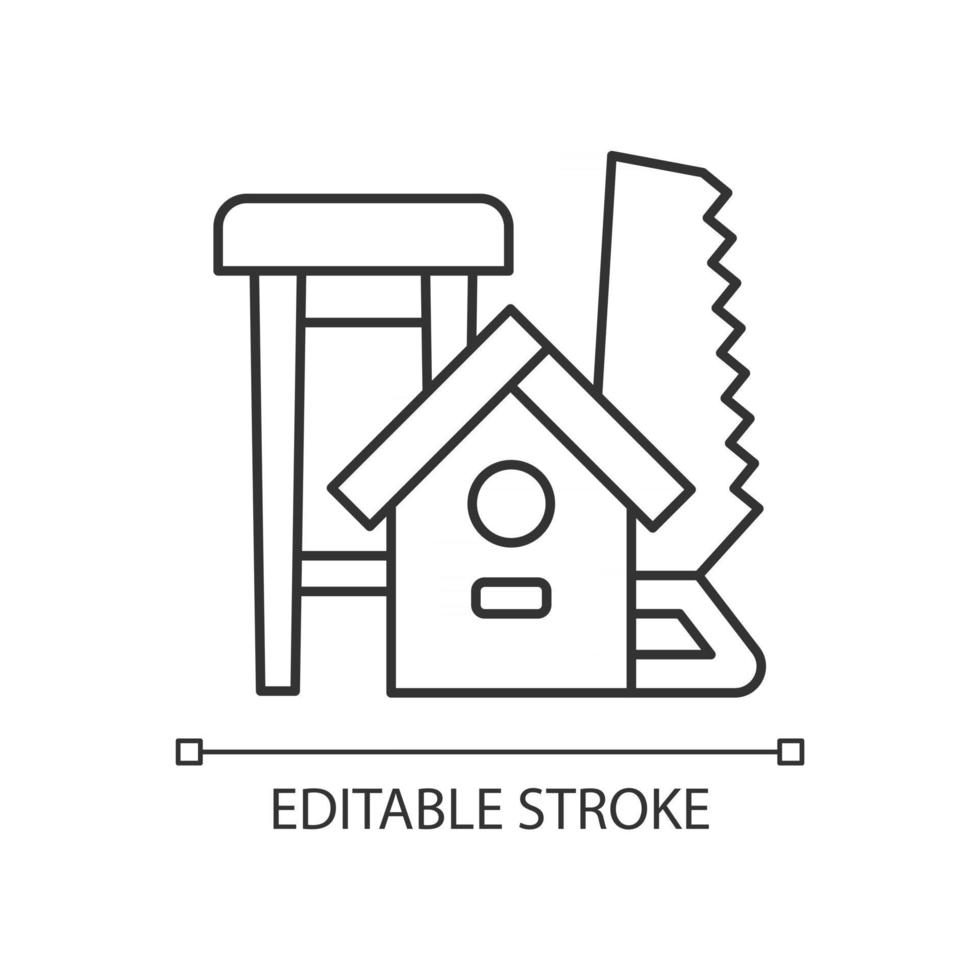 houtbewerking lineaire pictogram. houtsnijden. handgemaakte meubelmakerij. handgemaakte houten stoelen. dunne lijn aanpasbare illustratie. contour symbool. vector geïsoleerde overzichtstekening. bewerkbare streek