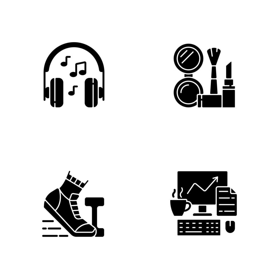 alledaagse kantoormedewerker routine zwarte glyph pictogrammen ingesteld op witruimte. muziek luisteren in een koptelefoon. make-up en cosmetica. dagelijkse planning. silhouet symbolen. vector geïsoleerde illustratie