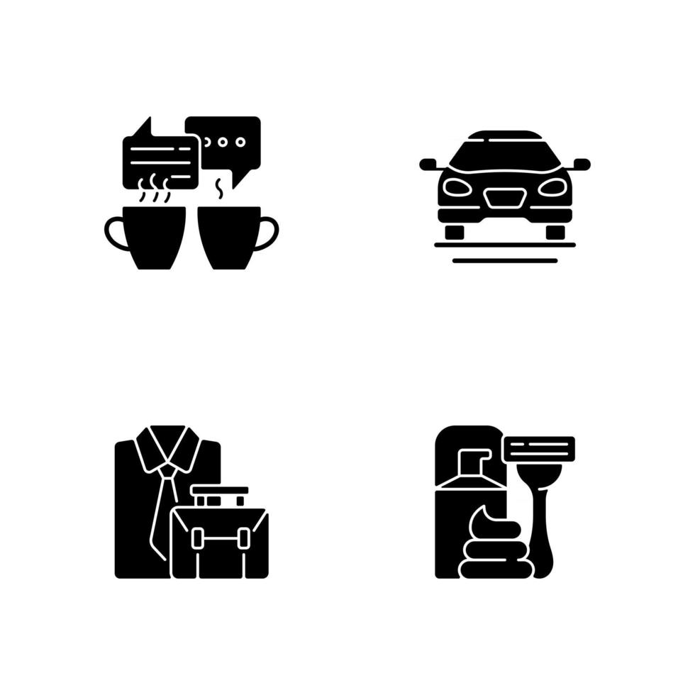 dagelijkse activiteiten zwarte glyph pictogrammen ingesteld op witruimte. koffie drinken met vrienden. sedan auto. officiële kleding. dagelijkse routine. silhouet symbolen. vector geïsoleerde illustratie