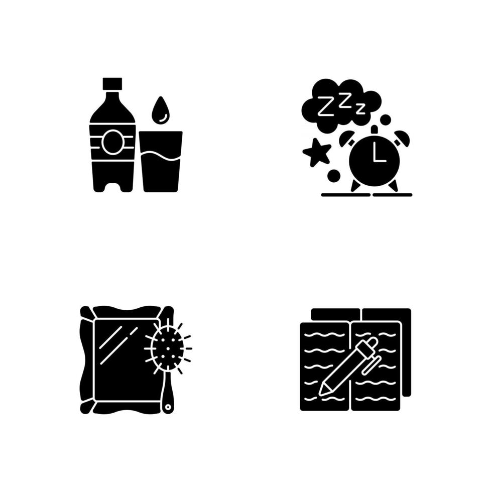 dagelijkse schema en routine zwarte glyph-pictogrammen ingesteld op witruimte. waterfles. bedtijd. wekker. spiegel en borstel. dagelijkse routine. silhouet symbolen. vector geïsoleerde illustratie