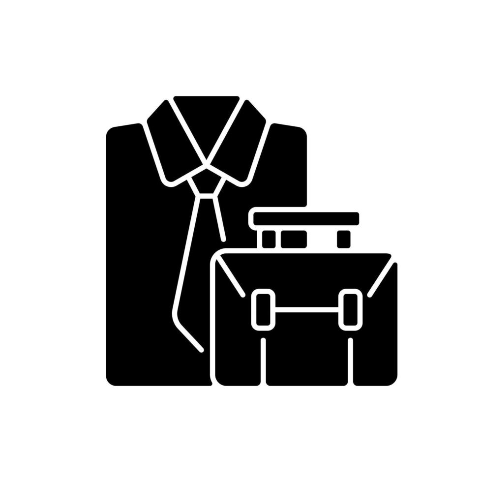 formele kleding en aktetas zwart glyph-pictogram. professionele werknemer outfit en tas. witte kraag werknemerskleding. dagelijkse werkroutine. silhouet symbool op witte ruimte. vector geïsoleerde illustratie